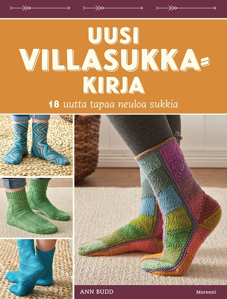 Uusi villasukkakirja -neuleohjekirjan kansikuva, jossa nelj&auml;t erilaiset villasukat henkil&ouml;iden jaloissa.