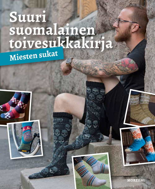 Kirjan kansi, jossa mies ja villasukkia.