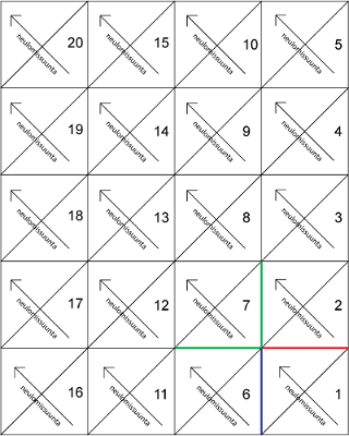 Kaavakuva Lodicula-peiton neulomisjärjestyksestä.